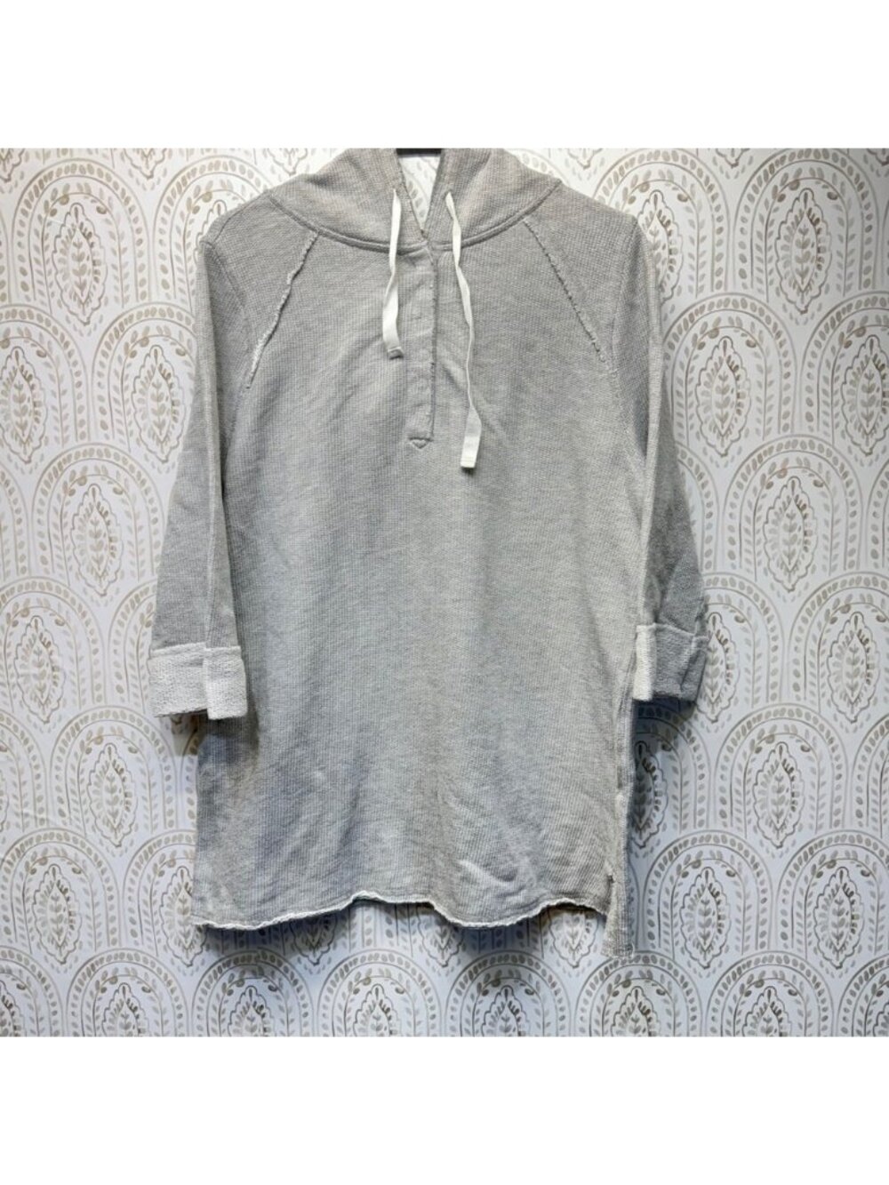 Soft Surroundings Hoodie Women XL Gray Waffle Knit Henley 3/4 Sleeve Casual Top